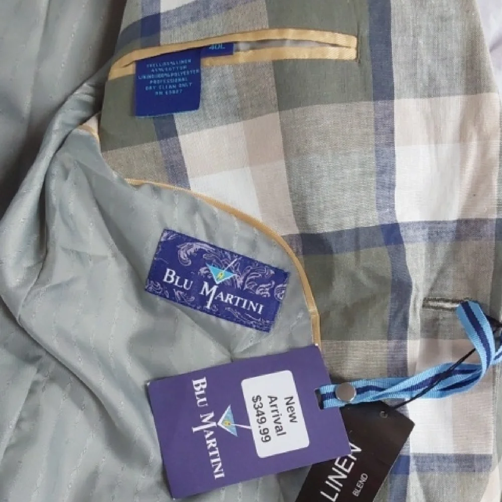 Blu Martini |Green/Tan Neutral Plaid Blazer Linen Sports Coat Preppy Sz.40L